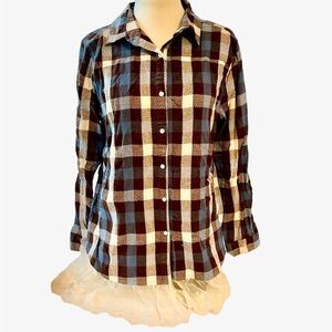 Hayden Los Angelos button down shirt lace edged long sleeves plaid Size Medium